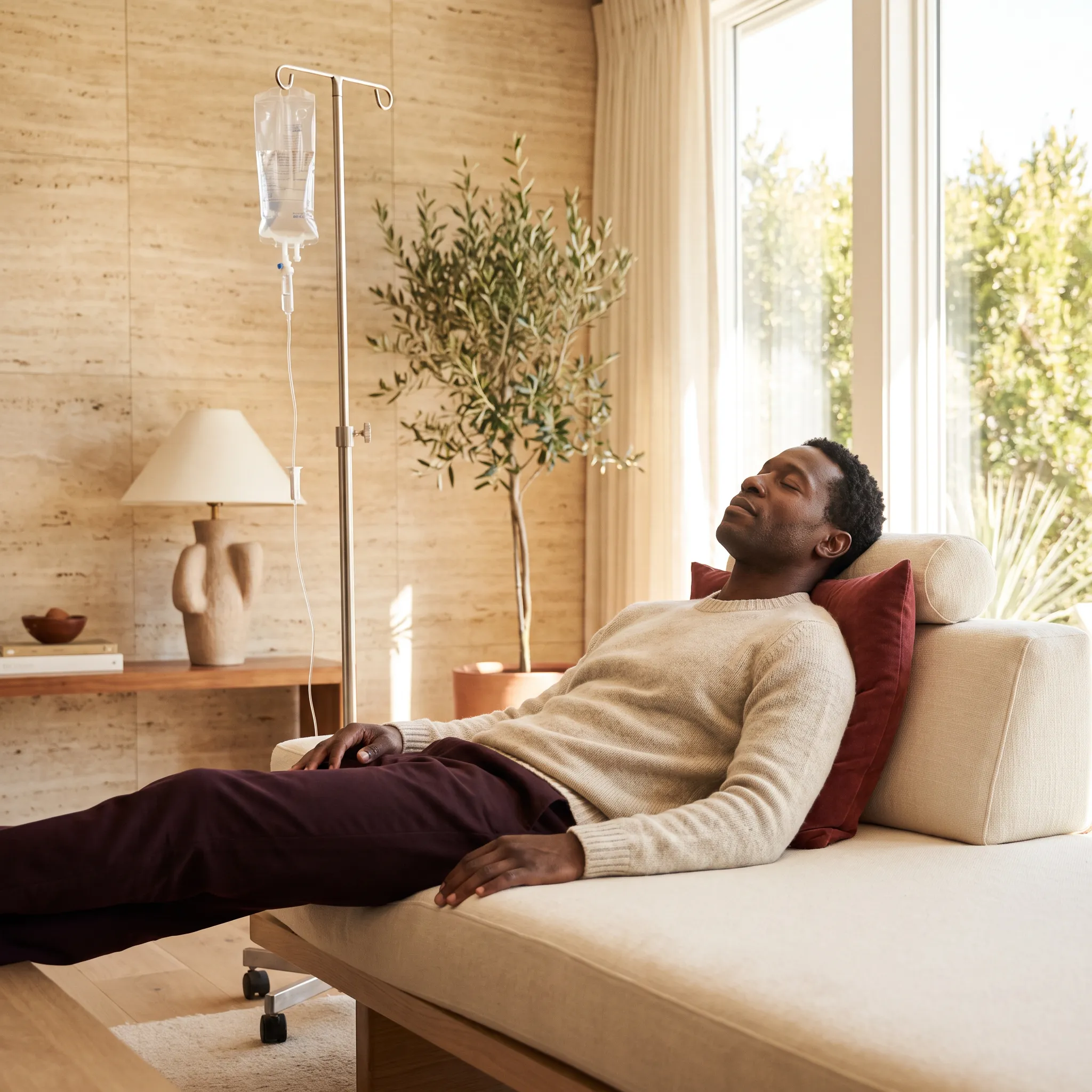 A client resting on a daybed in a sunlit room, an IV stand beside him