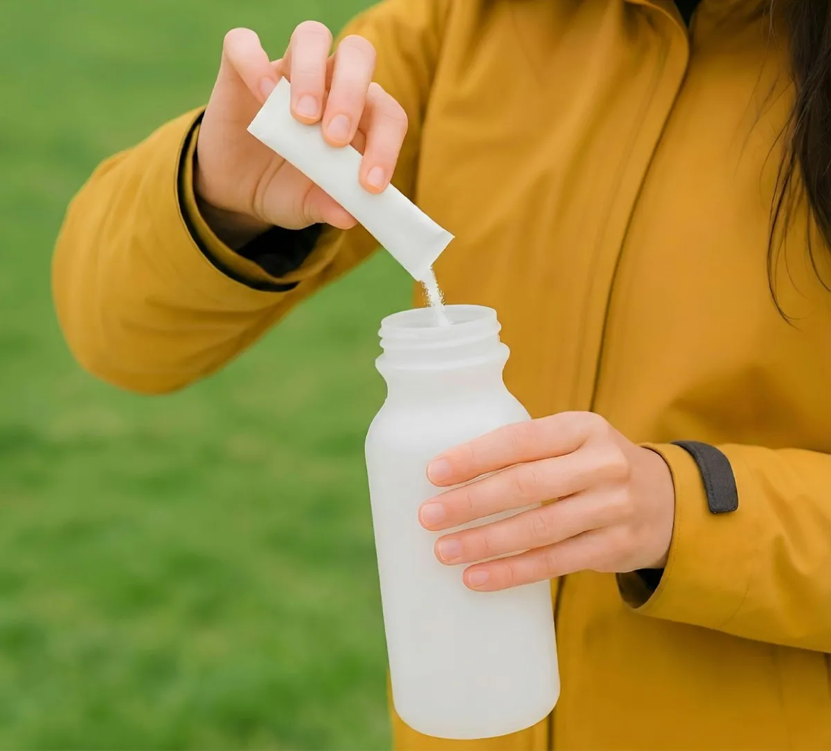 Person mixing electrolyte powder into a water bottle for hydration