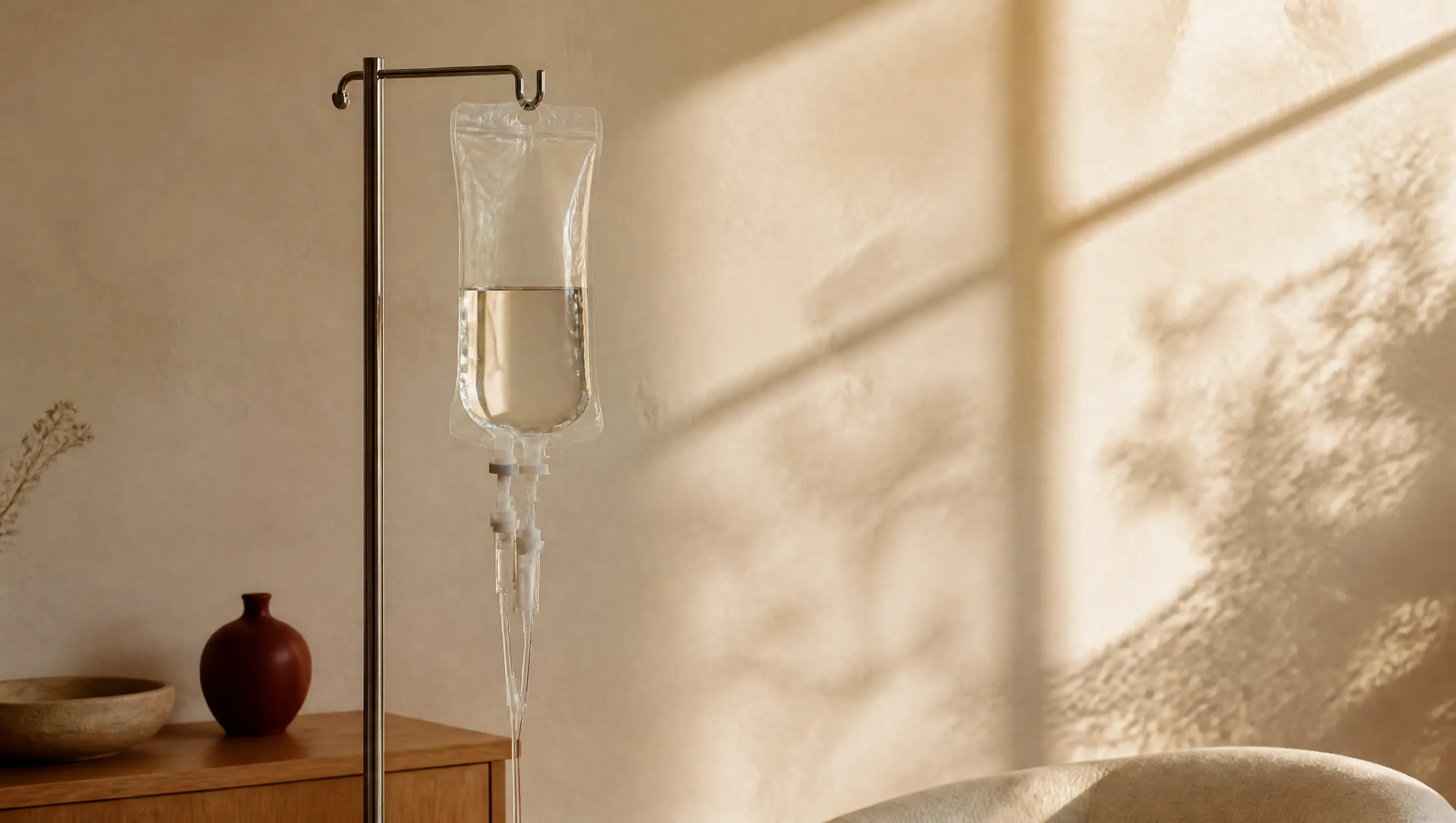 An IV bag on a chrome stand against a sunlit cream wall.