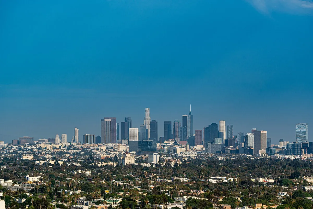 Downtown Los Angeles skyline with clear blue sky over DTLA