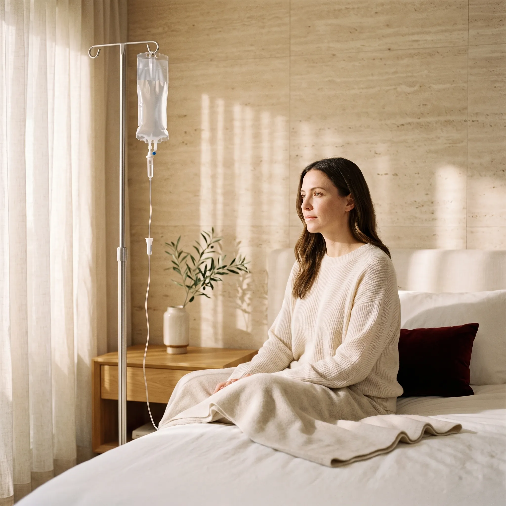 A client resting upright on a made bed in warm morning light, an IV stand beside her