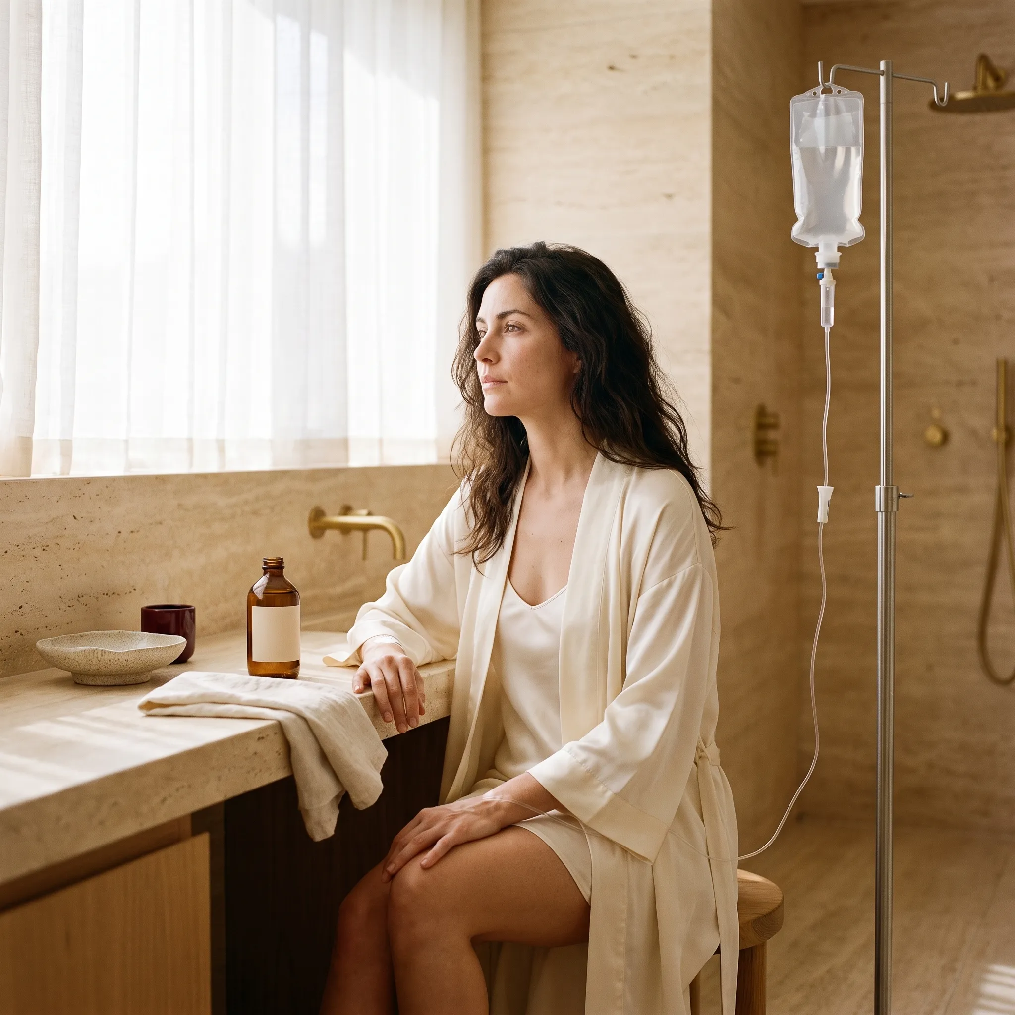 A client seated at a travertine vanity in morning light, an IV stand beside her