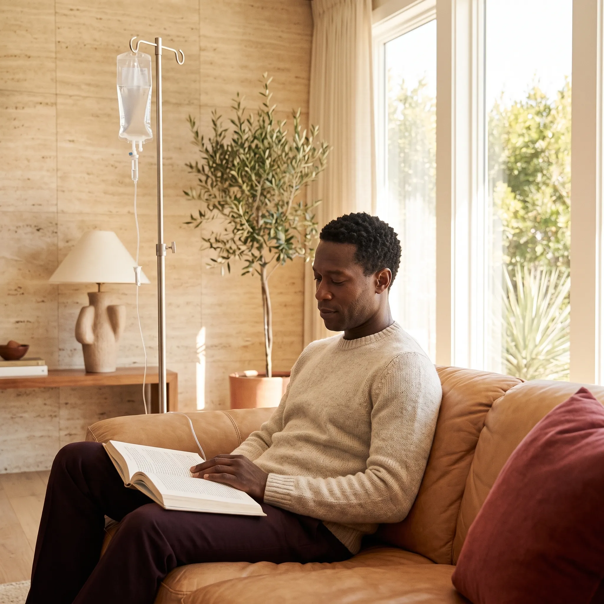 A client reading on a sofa in a sunlit living room, an IV stand beside him