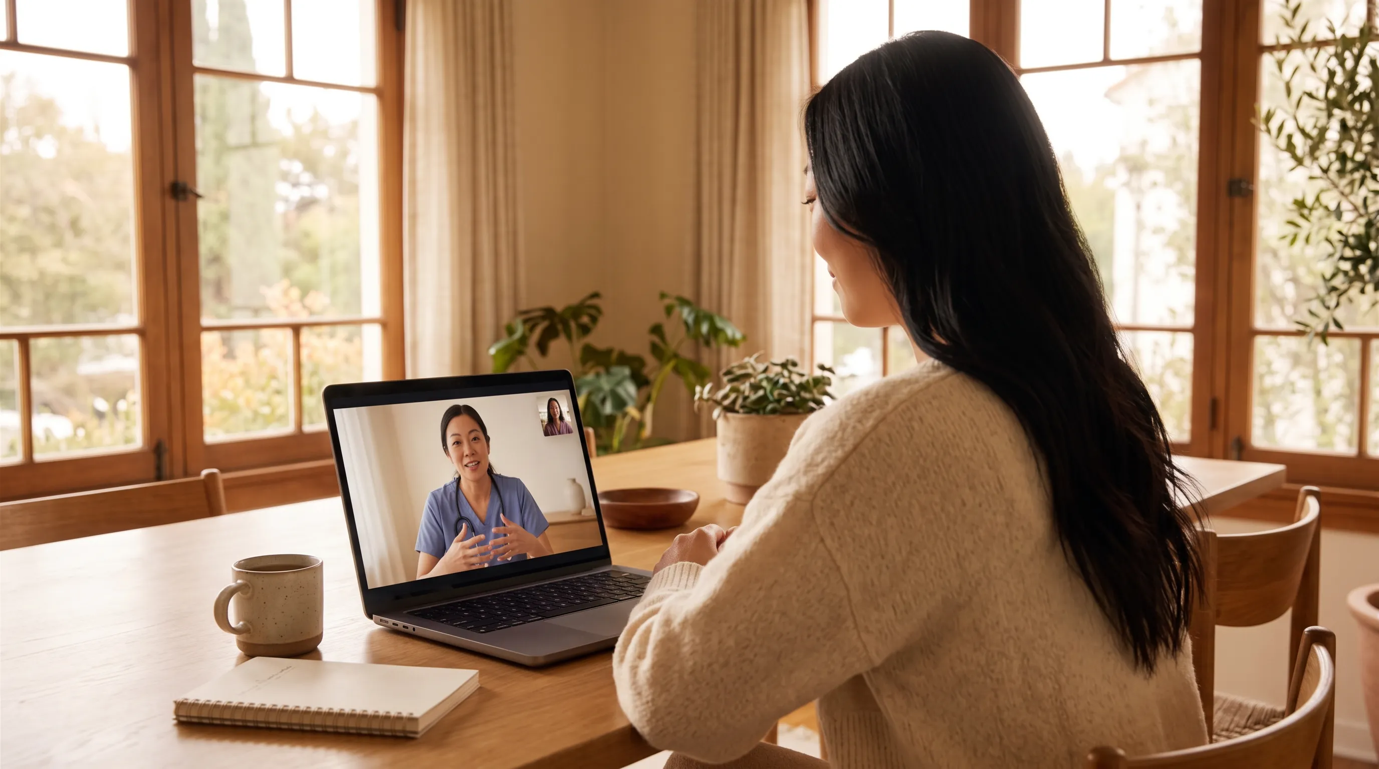 A woman at her dining table on a telehealth call with a nurse practitioner.