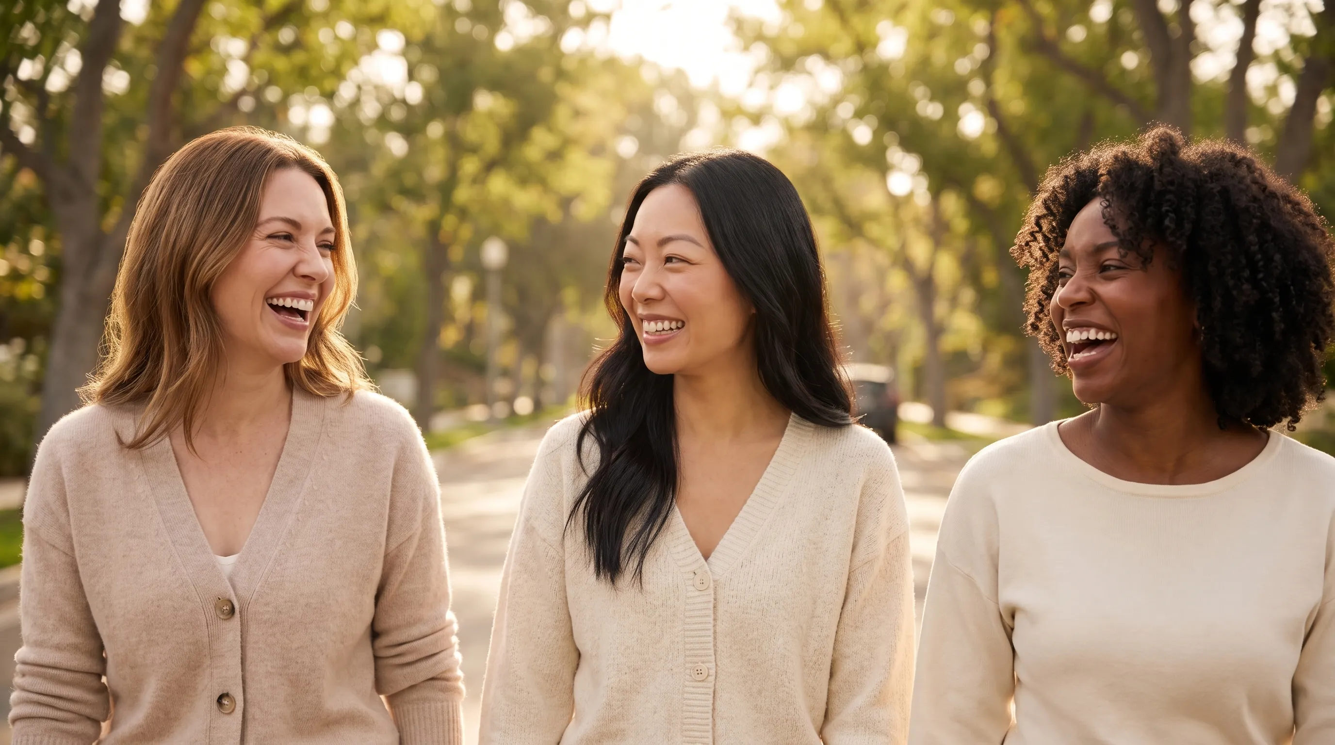Three friends walking and laughing together on a tree-lined street in morning light.