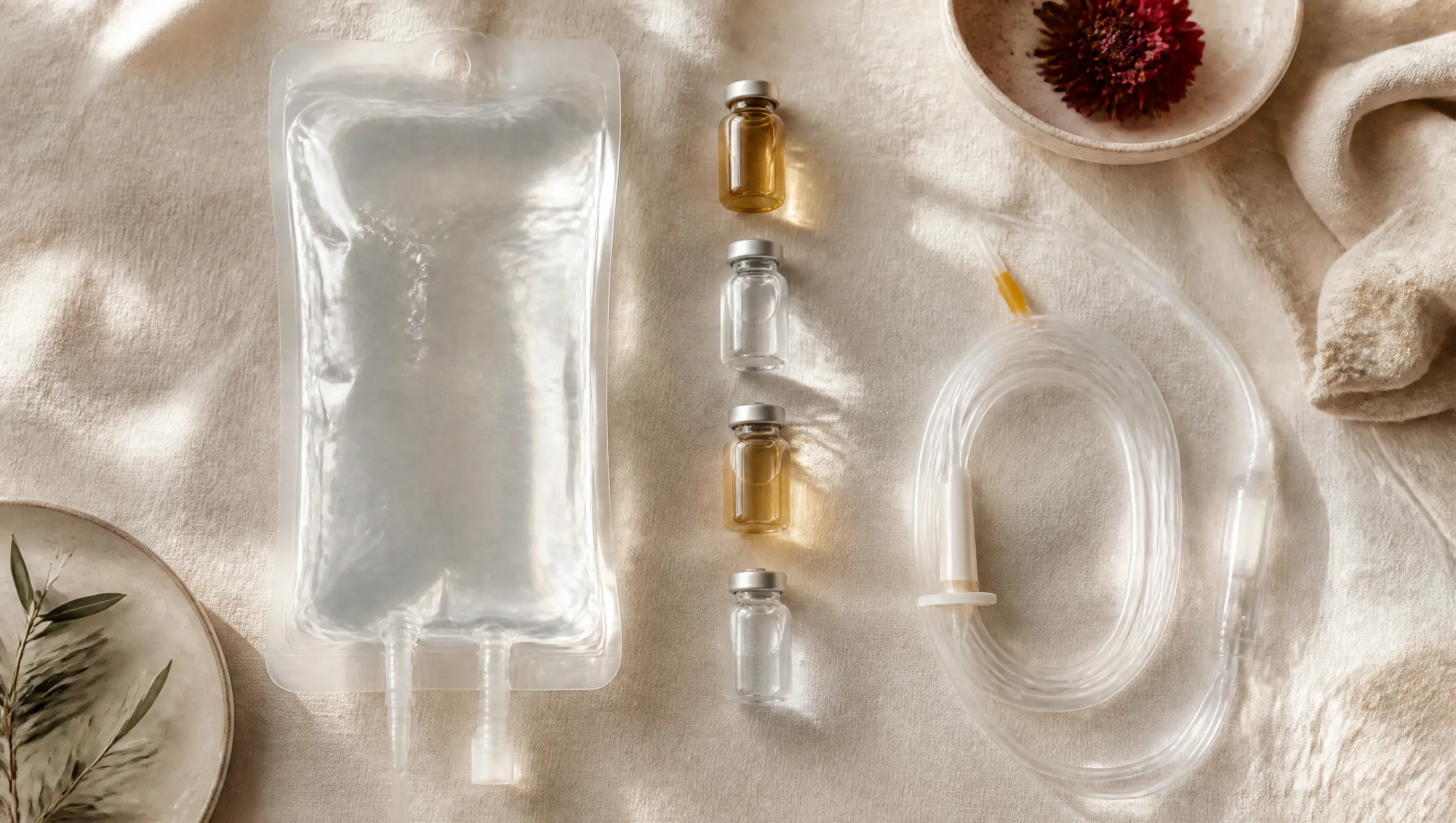 An IV bag, glass vials, and coiled tubing laid out on cream linen.